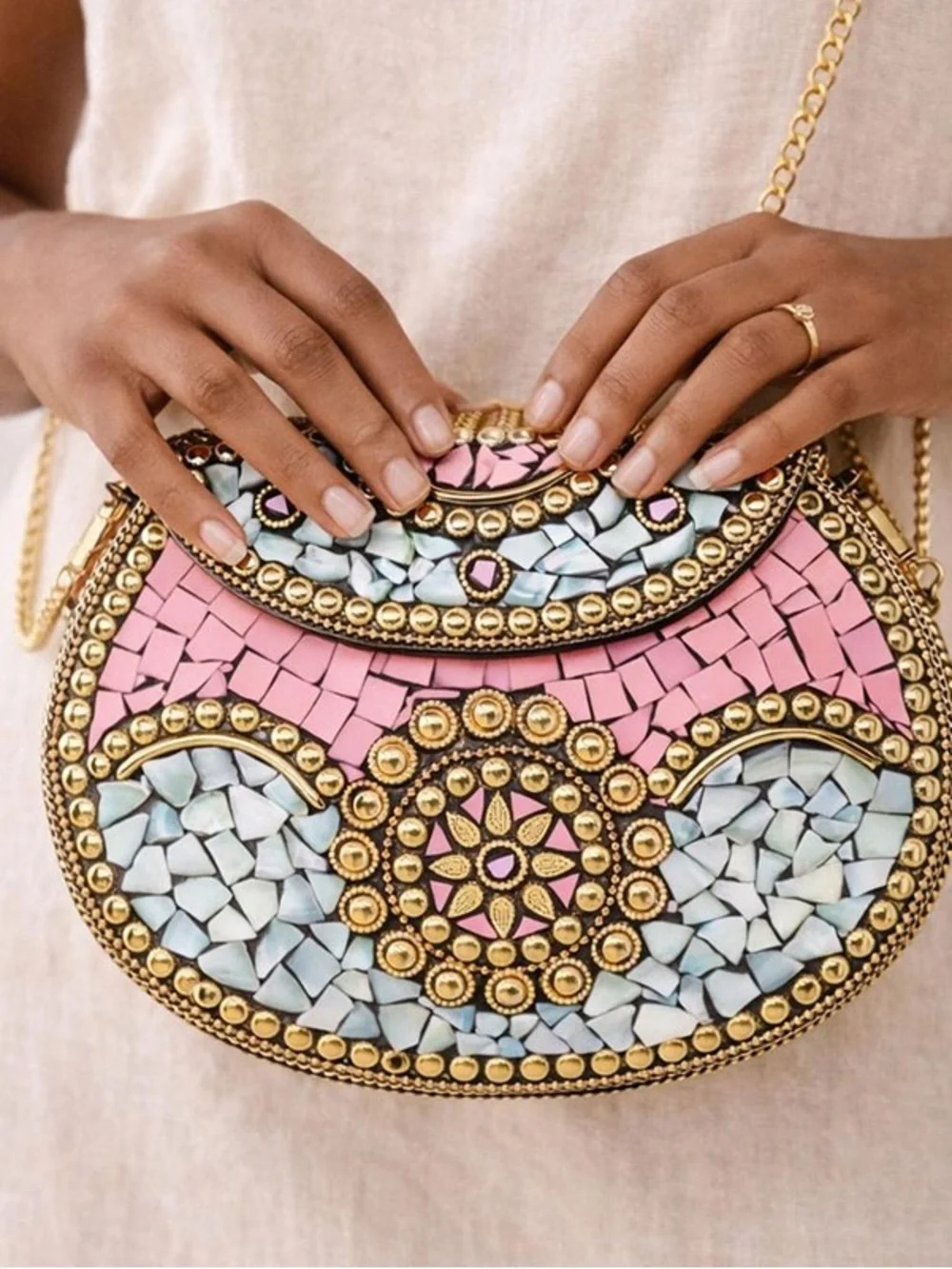 Brand new Ramla Pink Mosaic Crossbody Bag with Gold Accents